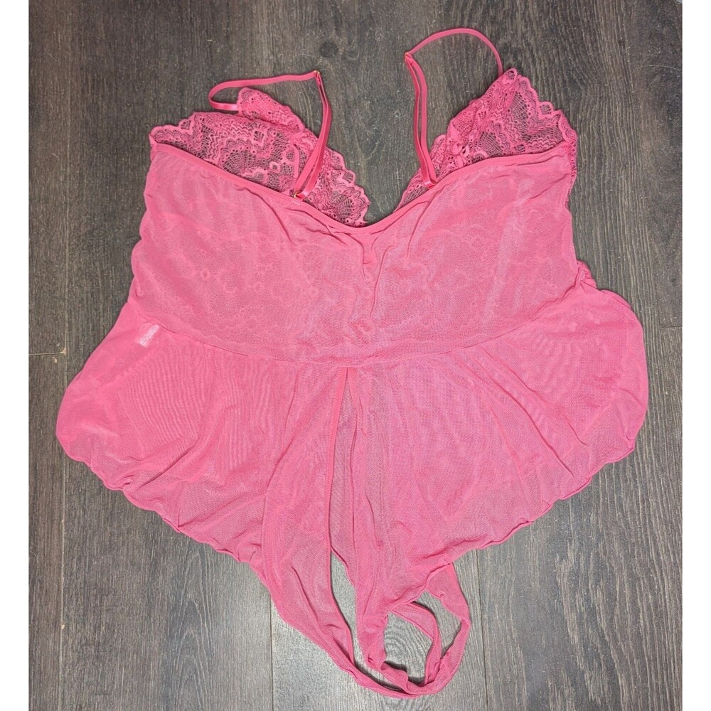 Women’s Pink Lace Teddy Bodysuit One Piece Lingerie Halter Deep V Sheer (000)
